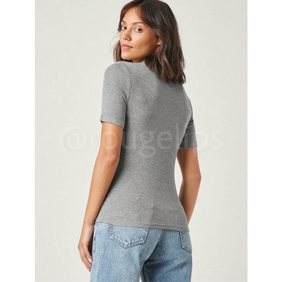 Grey Rib-Knit High Neck Short Sleeve Slim Fit Top Shirt - Picture 5 of 7